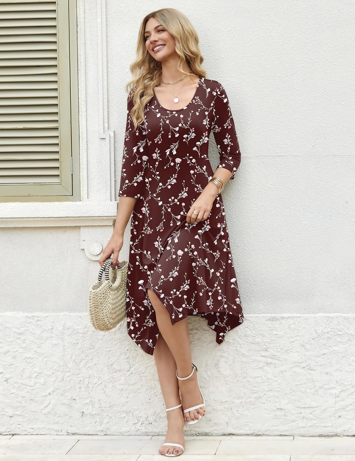 image:imageZeagoo Midi Dresses Women 2026 Dress 34 Sleeve Casual Dresses with Pockets A Line Summer Beach SundressRed Printing