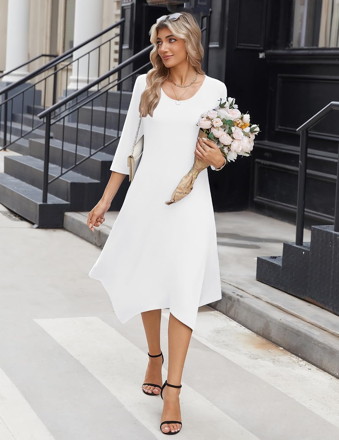 image:imageZeagoo Midi Dresses Women 2026 Dress 34 Sleeve Casual Dresses with Pockets A Line Summer Beach SundressWhite
