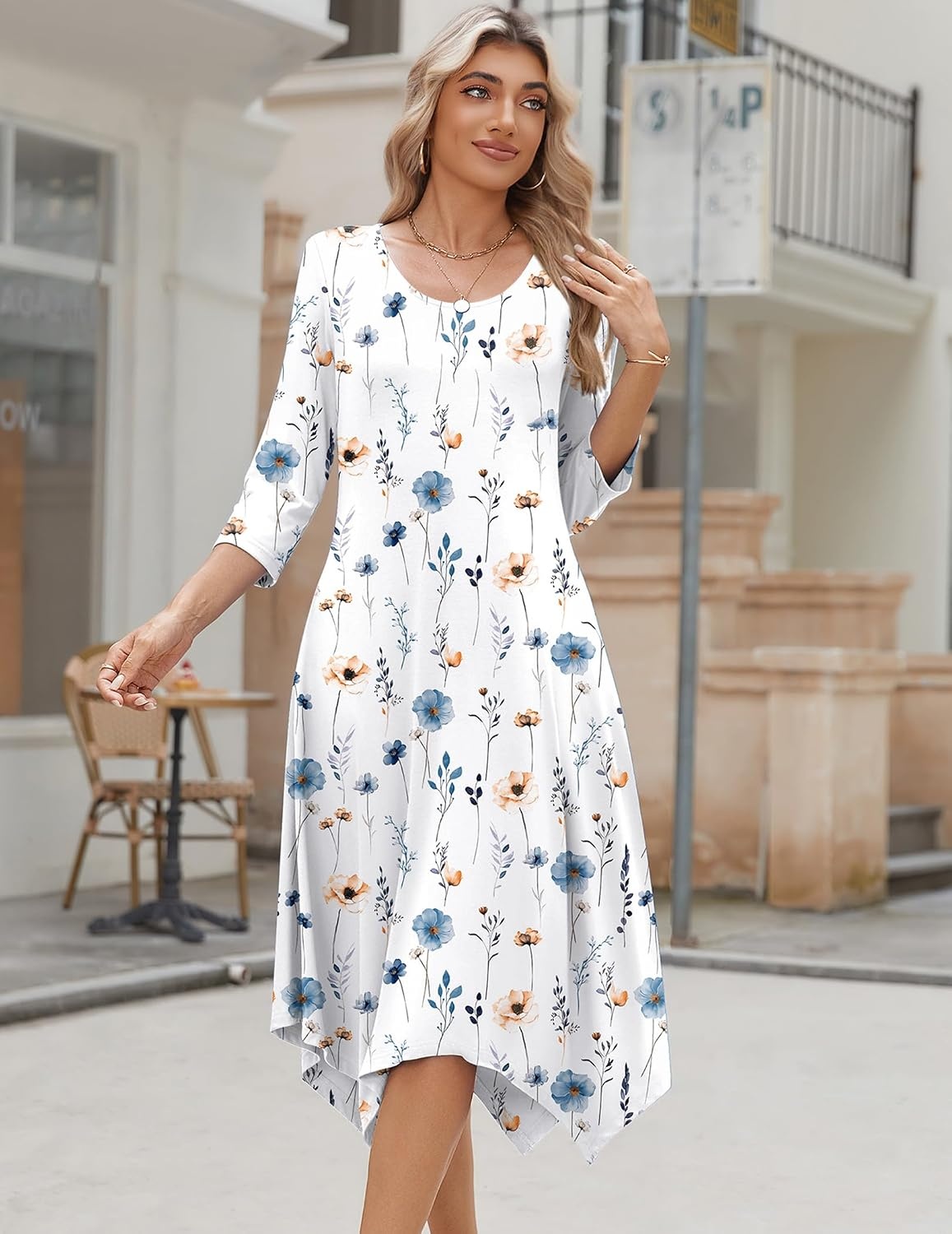 image:imageZeagoo Midi Dresses Women 2026 Dress 34 Sleeve Casual Dresses with Pockets A Line Summer Beach SundressWhite Blue