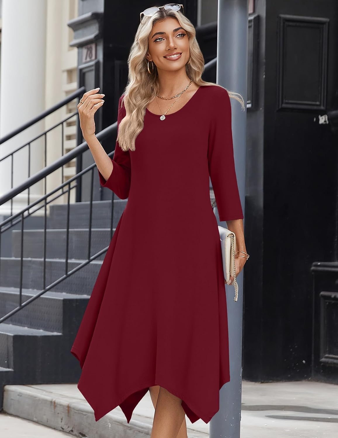 image:imageZeagoo Midi Dresses Women 2026 Dress 34 Sleeve Casual Dresses with Pockets A Line Summer Beach SundressWine Red