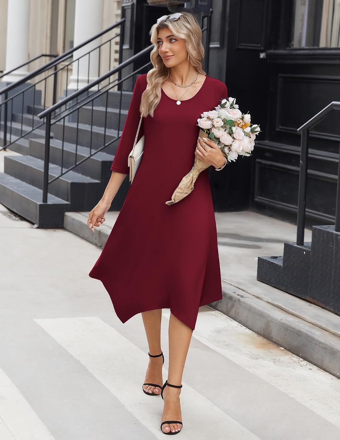 image:imageZeagoo Midi Dresses Women 2026 Dress 34 Sleeve Casual Dresses with Pockets A Line Summer Beach SundressWine Red
