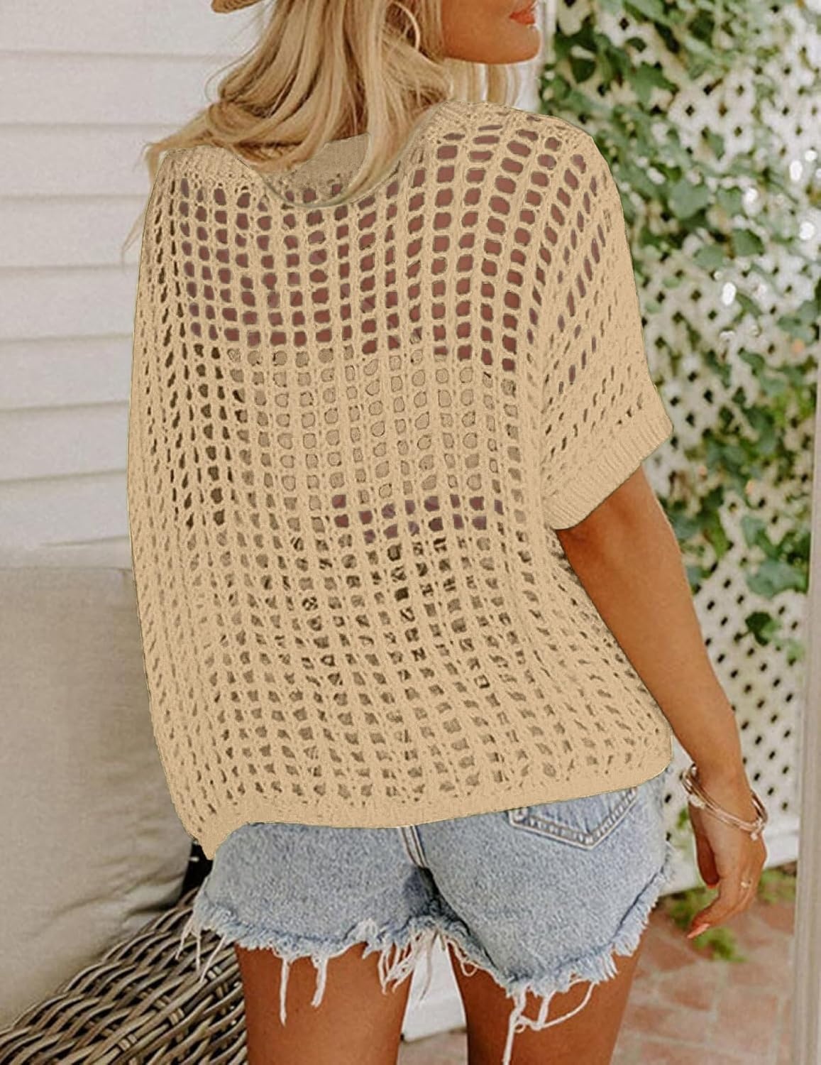 image:imageZeagoo Short Sleeve Crochet Sweater Lightweight Summer Tops Beach Cover UpsAlight Khaki