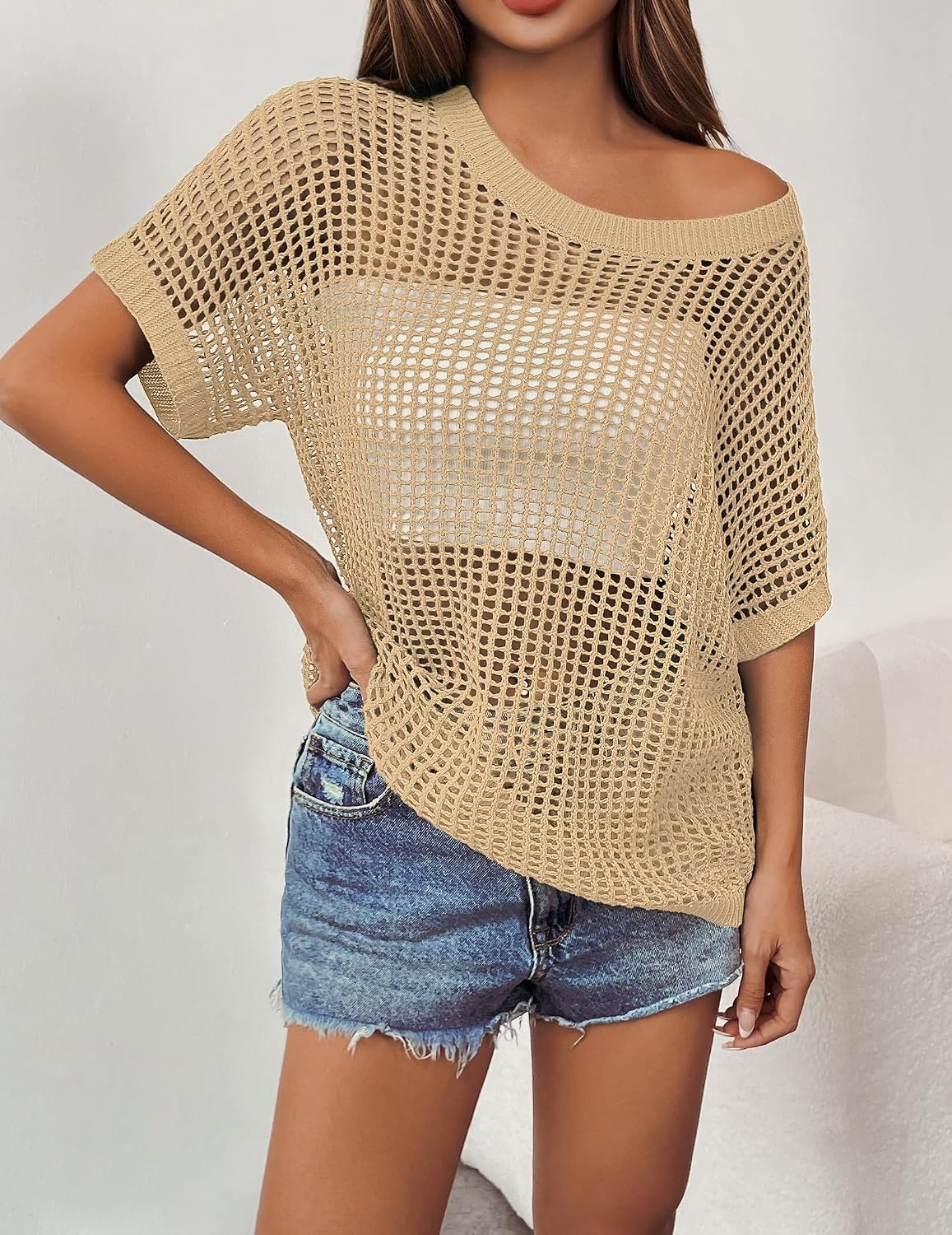 image:imageZeagoo Short Sleeve Crochet Sweater Lightweight Summer Tops Beach Cover UpsAlight Khaki
