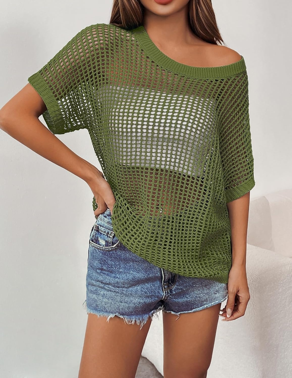 image:imageZeagoo Short Sleeve Crochet Sweater Lightweight Summer Tops Beach Cover UpsArmy Green