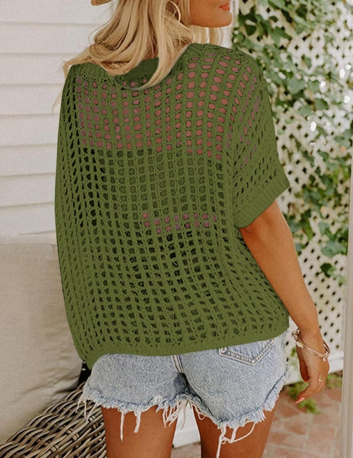image:imageZeagoo Short Sleeve Crochet Sweater Lightweight Summer Tops Beach Cover UpsArmy Green