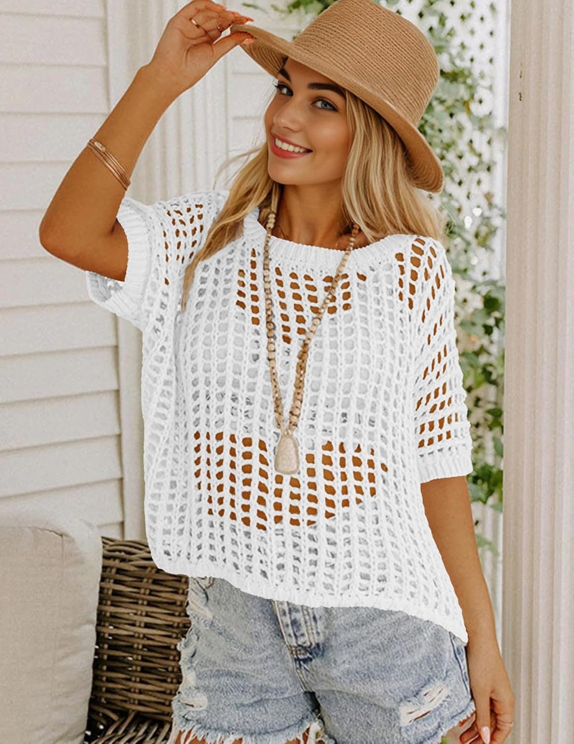 image:imageZeagoo Short Sleeve Crochet Sweater Lightweight Summer Tops Beach Cover UpsAwhite