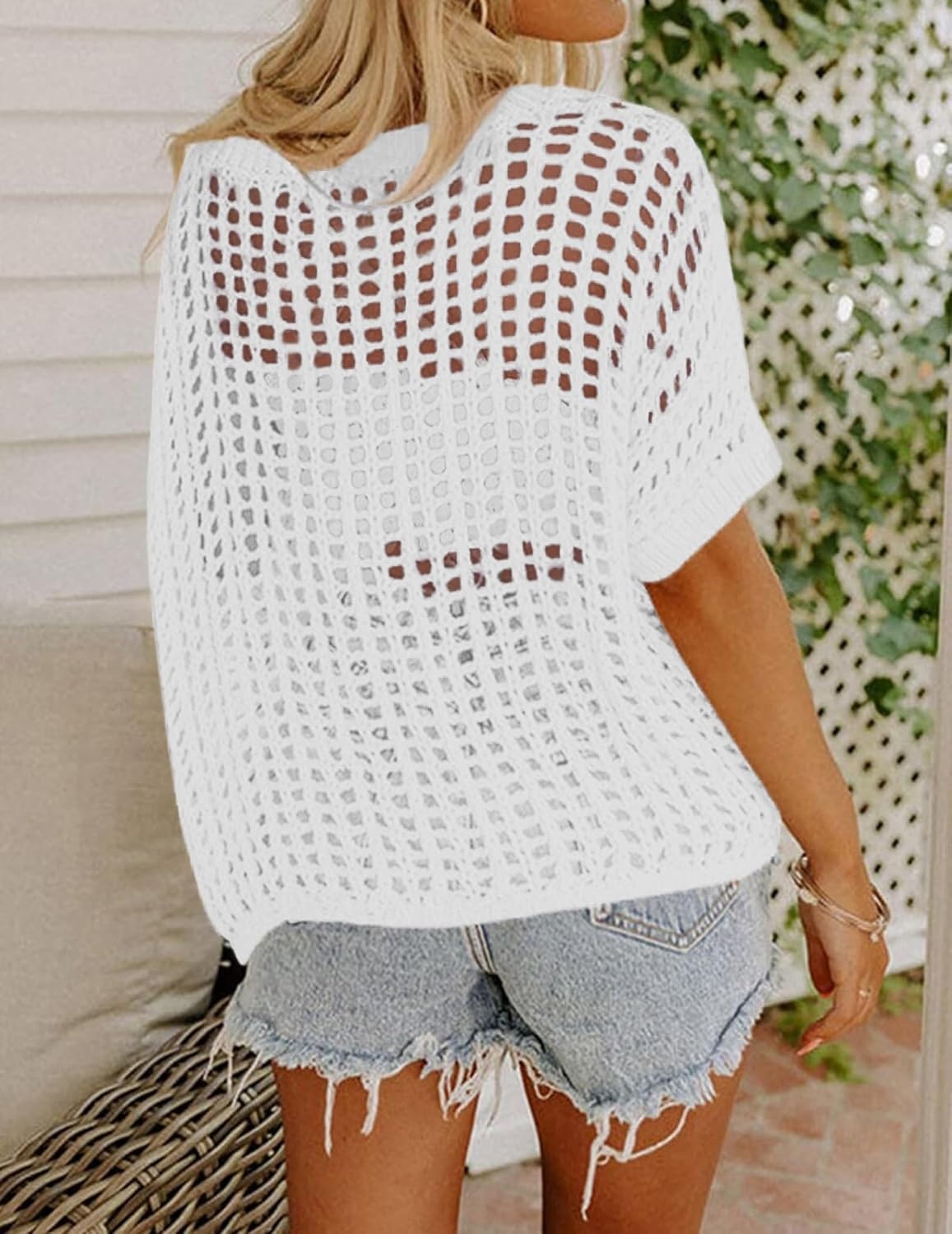 image:imageZeagoo Short Sleeve Crochet Sweater Lightweight Summer Tops Beach Cover UpsAwhite