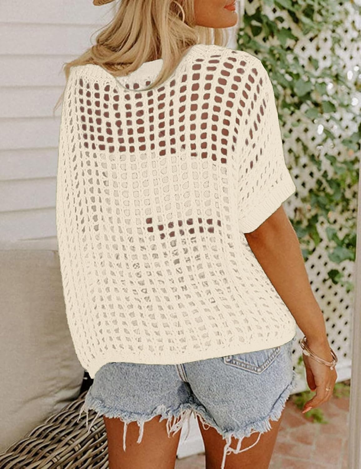 image:imageZeagoo Short Sleeve Crochet Sweater Lightweight Summer Tops Beach Cover UpsBeige