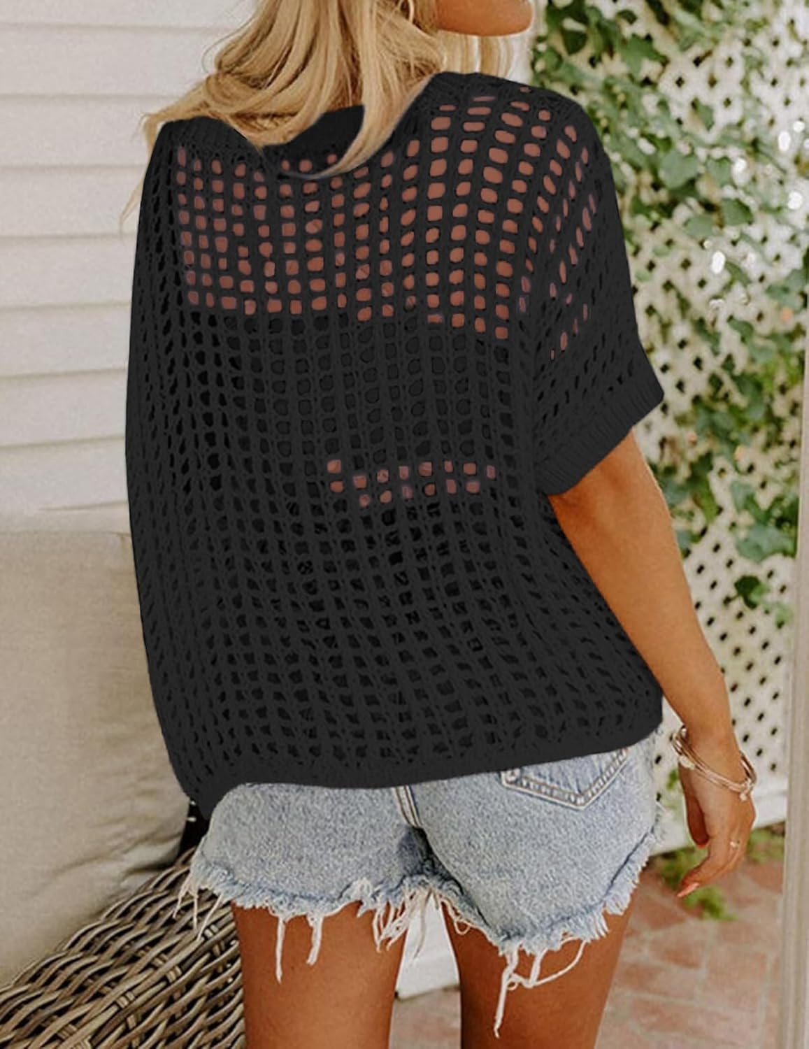 image:imageZeagoo Short Sleeve Crochet Sweater Lightweight Summer Tops Beach Cover UpsBlack