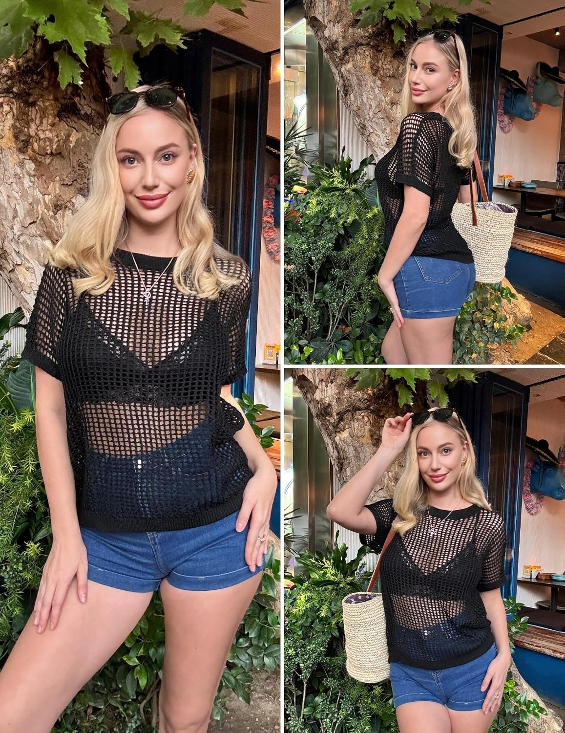 image:imageZeagoo Short Sleeve Crochet Sweater Lightweight Summer Tops Beach Cover UpsBlack