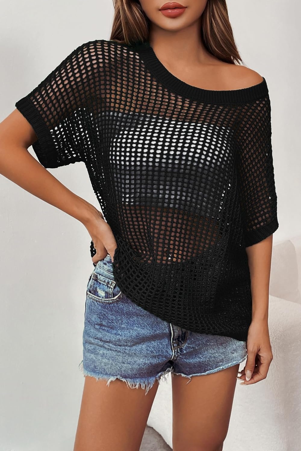 image:imageZeagoo Short Sleeve Crochet Sweater Lightweight Summer Tops Beach Cover UpsBlack