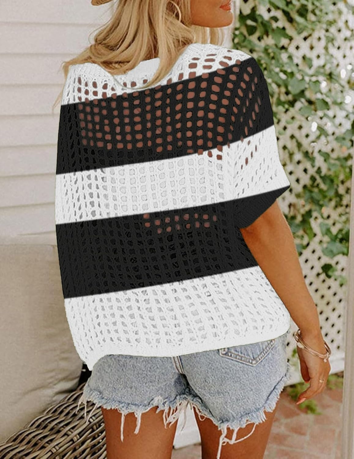 image:imageZeagoo Short Sleeve Crochet Sweater Lightweight Summer Tops Beach Cover UpsBlack White Stripes