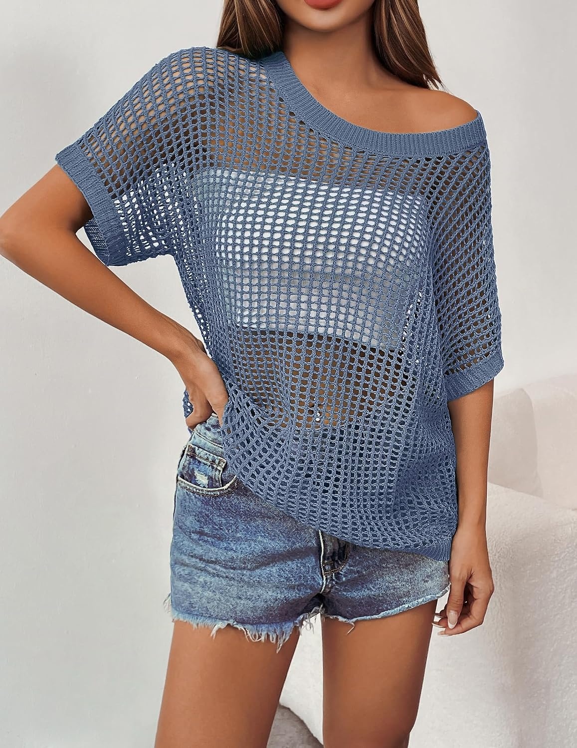 image:imageZeagoo Short Sleeve Crochet Sweater Lightweight Summer Tops Beach Cover UpsBlue