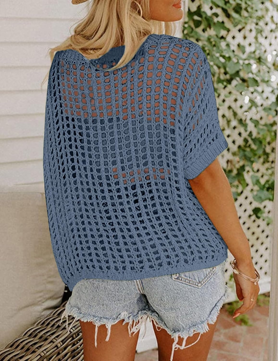 image:imageZeagoo Short Sleeve Crochet Sweater Lightweight Summer Tops Beach Cover UpsBlue