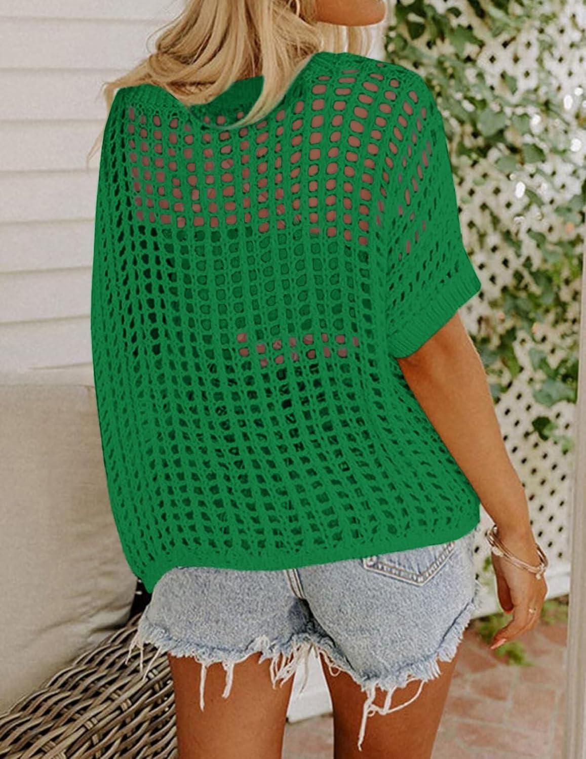 image:imageZeagoo Short Sleeve Crochet Sweater Lightweight Summer Tops Beach Cover UpsGreen