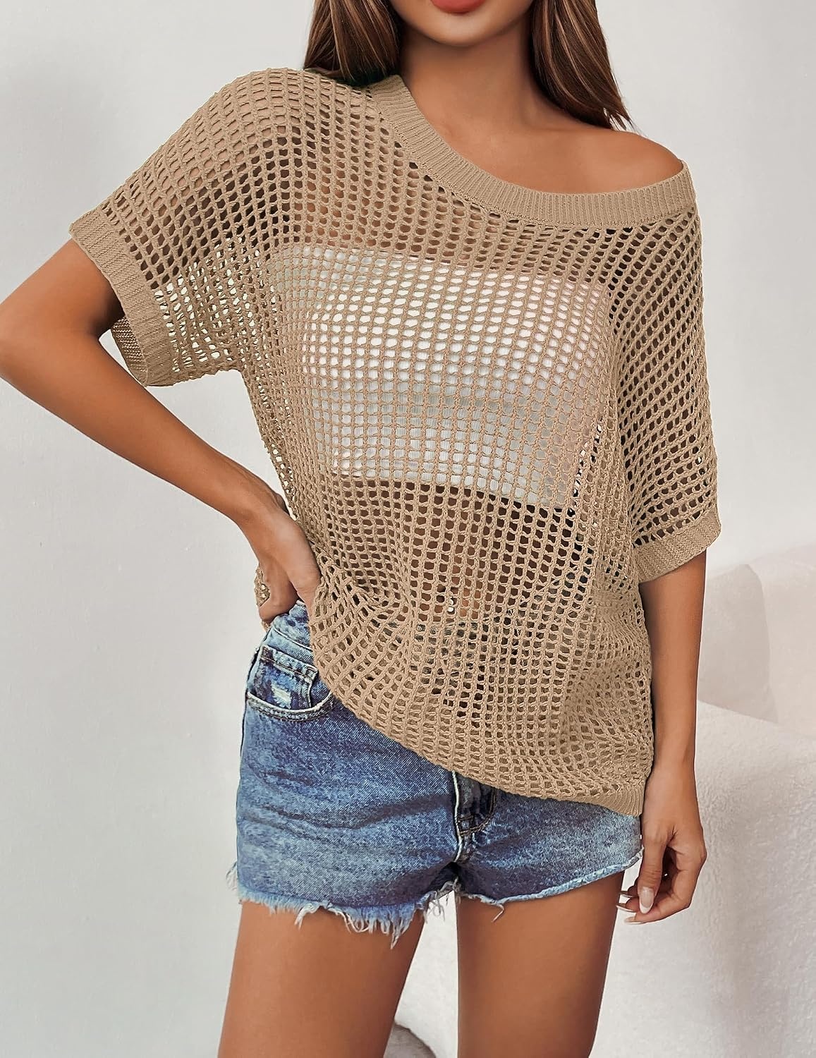 image:imageZeagoo Short Sleeve Crochet Sweater Lightweight Summer Tops Beach Cover UpsKhaki