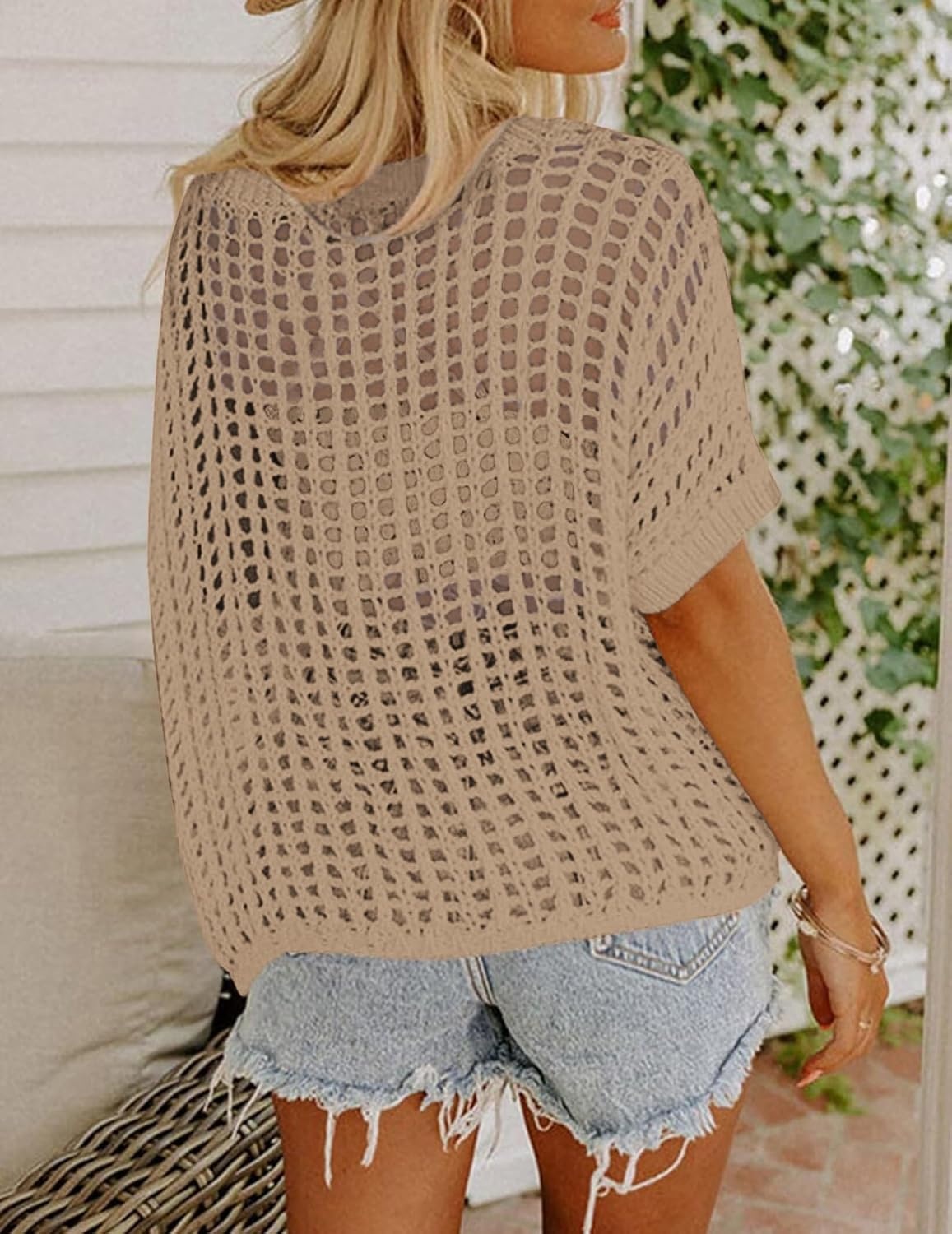 image:imageZeagoo Short Sleeve Crochet Sweater Lightweight Summer Tops Beach Cover UpsKhaki