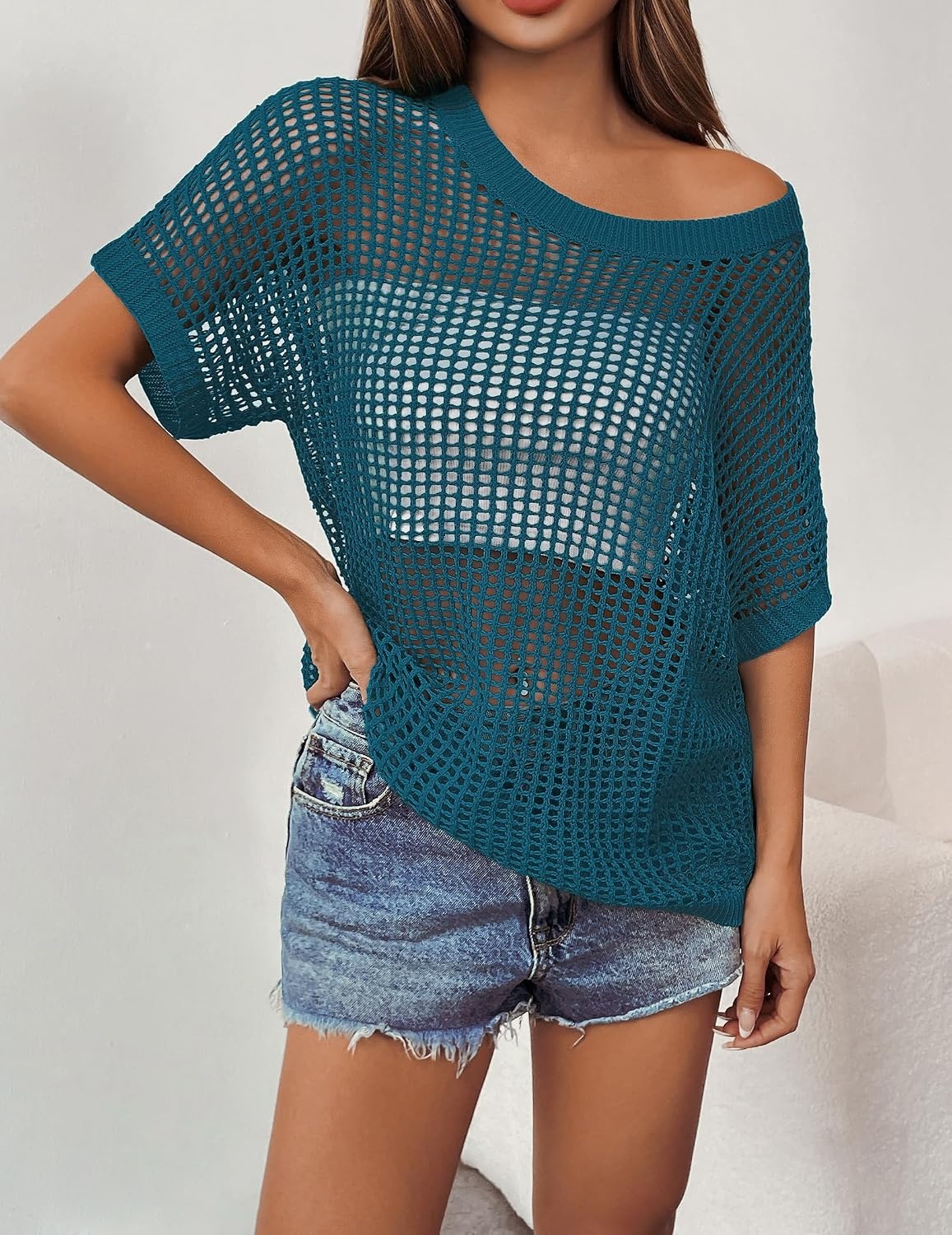 image:imageZeagoo Short Sleeve Crochet Sweater Lightweight Summer Tops Beach Cover UpsLake Blue