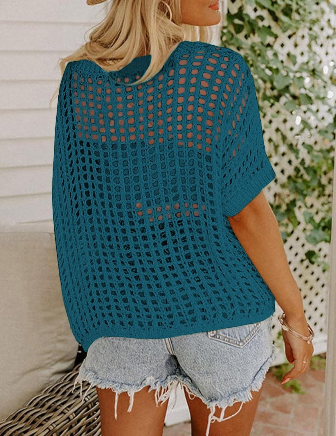 image:imageZeagoo Short Sleeve Crochet Sweater Lightweight Summer Tops Beach Cover UpsLake Blue