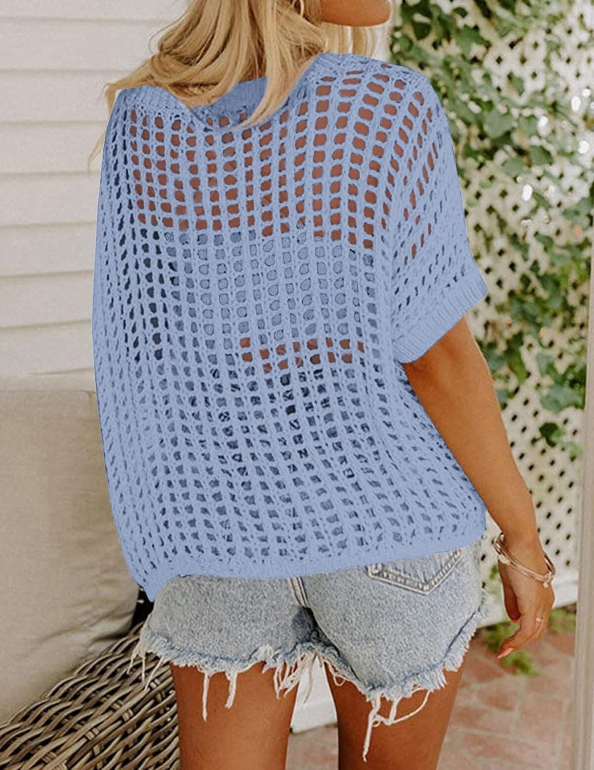 image:imageZeagoo Short Sleeve Crochet Sweater Lightweight Summer Tops Beach Cover UpsLight Blue