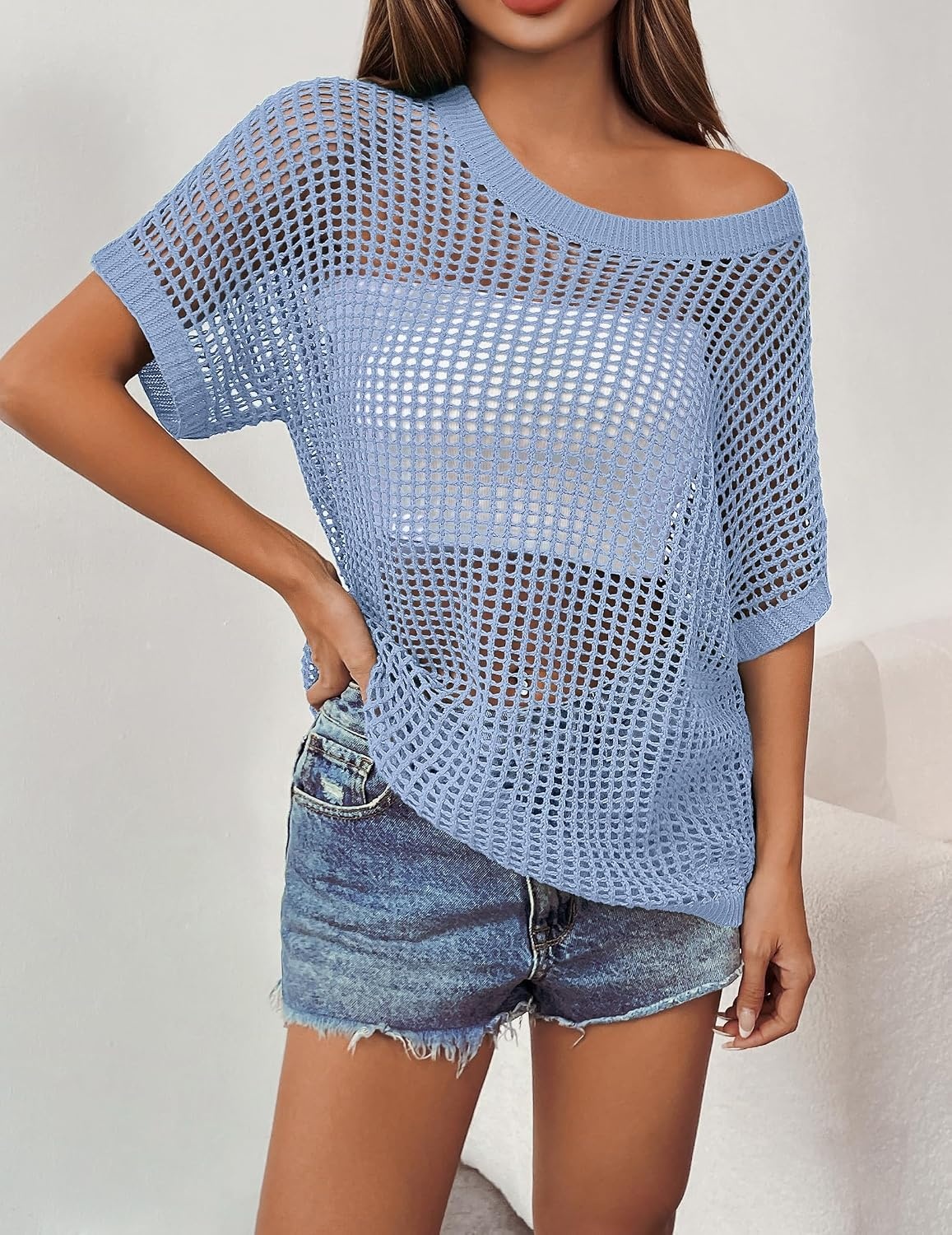 image:imageZeagoo Short Sleeve Crochet Sweater Lightweight Summer Tops Beach Cover UpsLight Blue