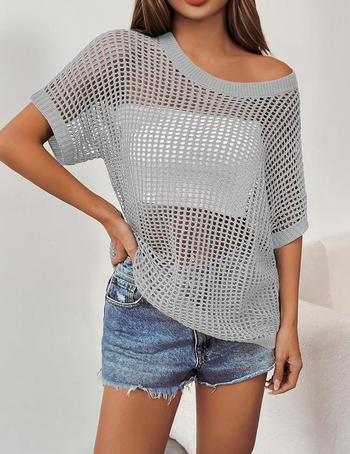 image:imageZeagoo Short Sleeve Crochet Sweater Lightweight Summer Tops Beach Cover UpsLight Grey