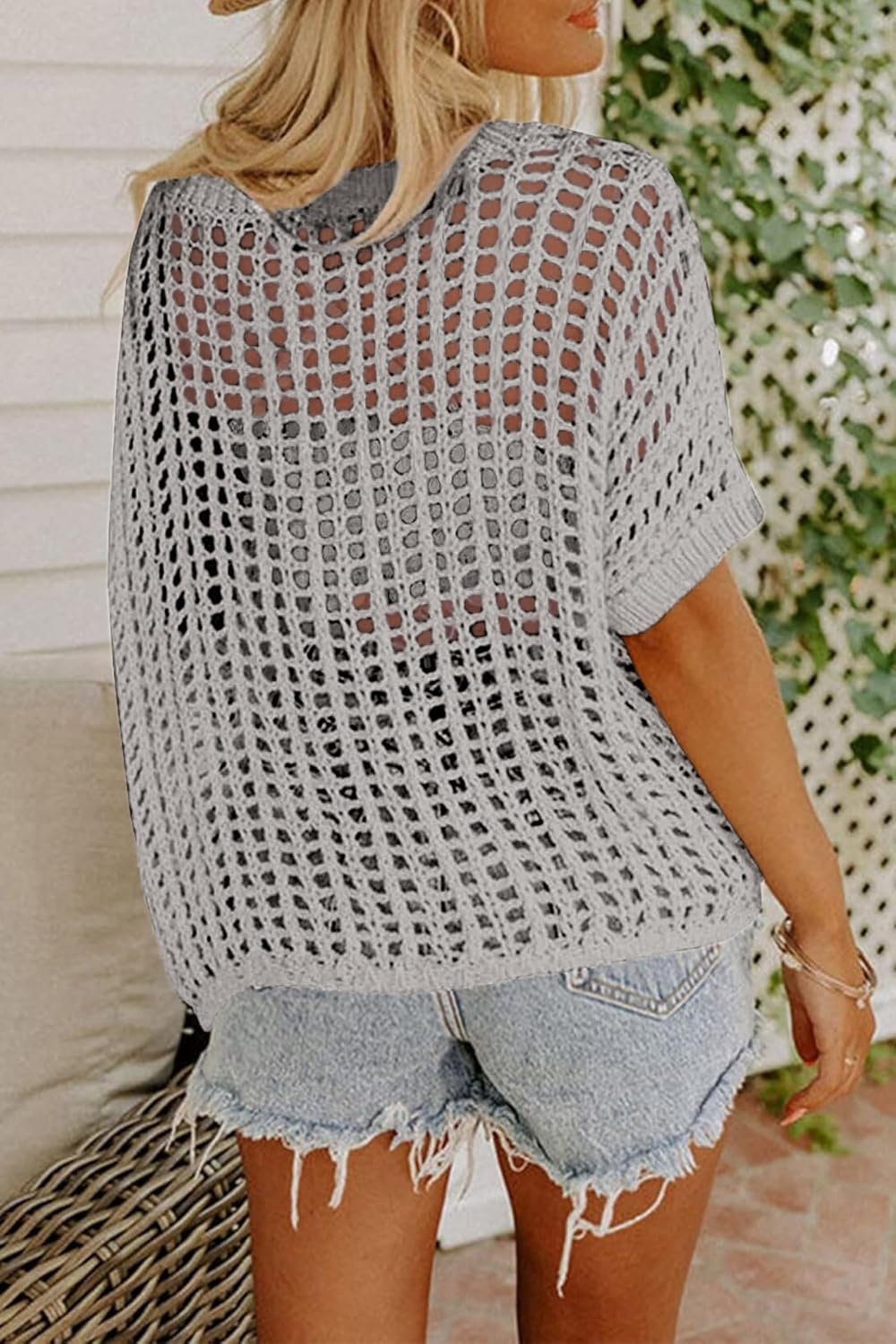 image:imageZeagoo Short Sleeve Crochet Sweater Lightweight Summer Tops Beach Cover UpsLight Grey