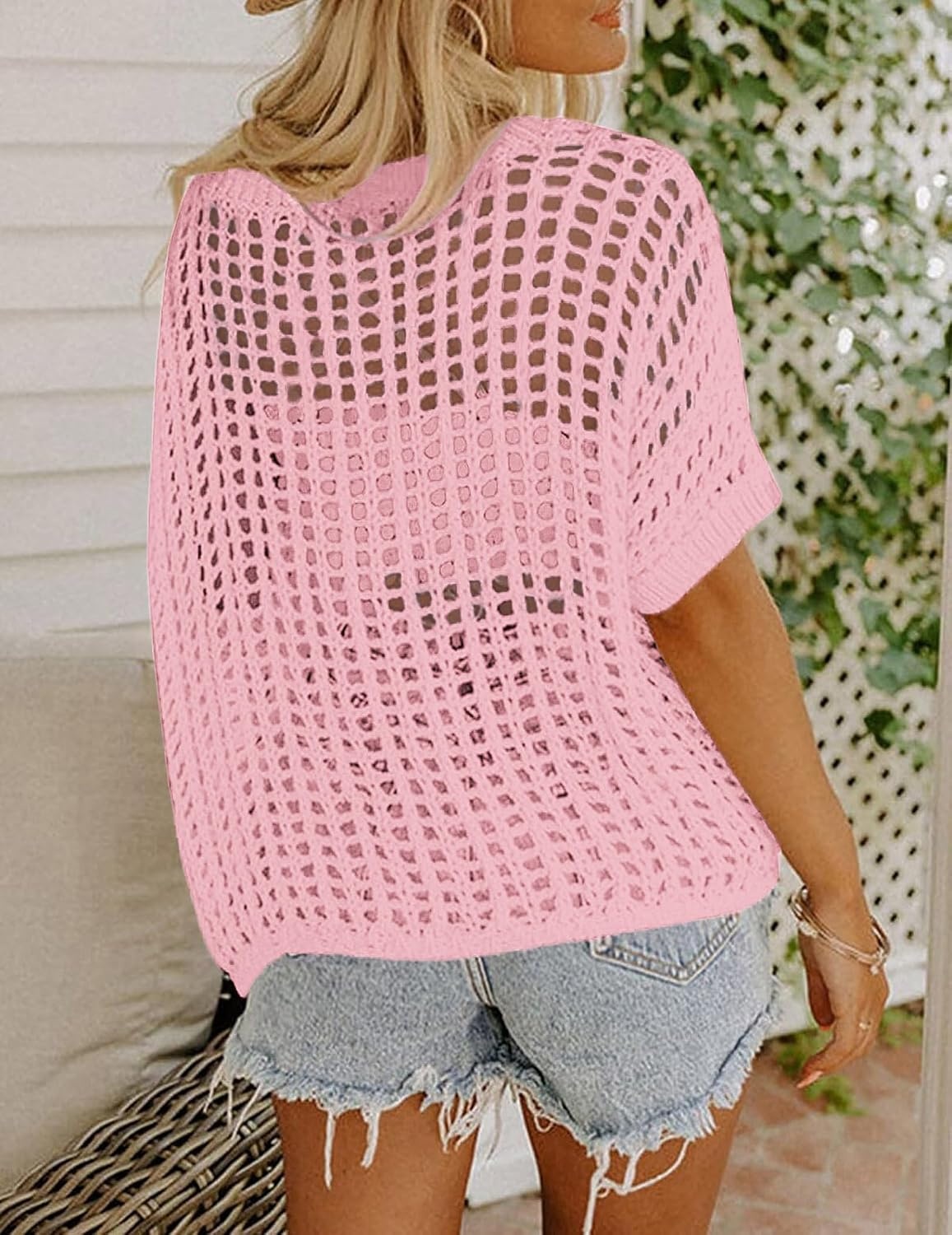 image:imageZeagoo Short Sleeve Crochet Sweater Lightweight Summer Tops Beach Cover UpsLight Pink