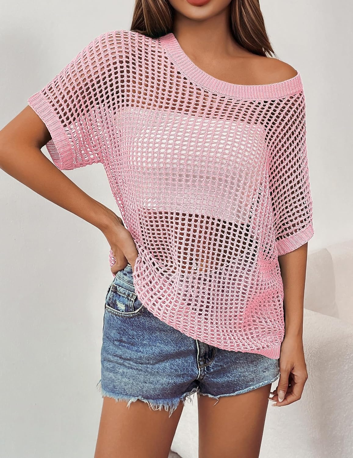 image:imageZeagoo Short Sleeve Crochet Sweater Lightweight Summer Tops Beach Cover UpsLight Pink