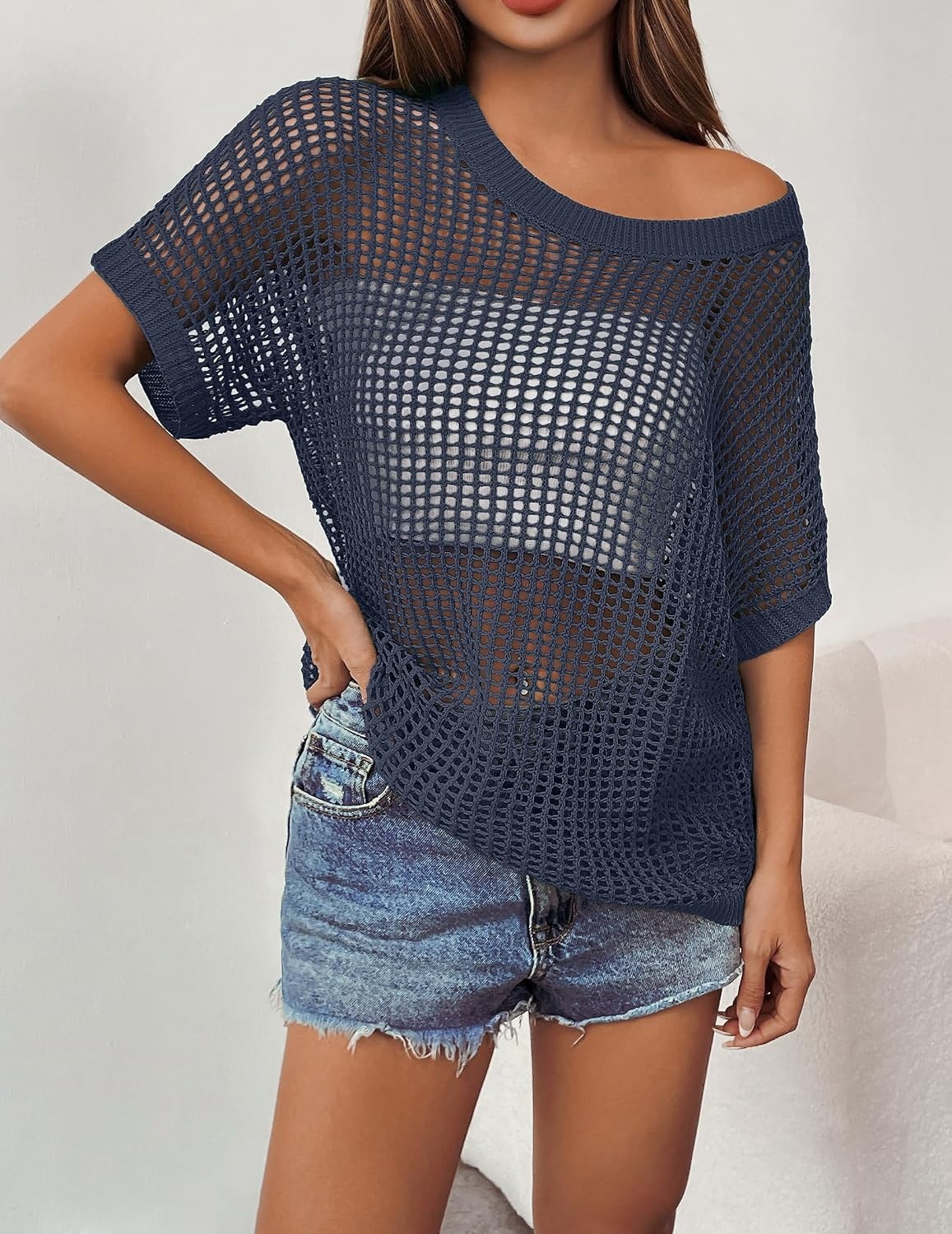 image:imageZeagoo Short Sleeve Crochet Sweater Lightweight Summer Tops Beach Cover UpsNavy Blue