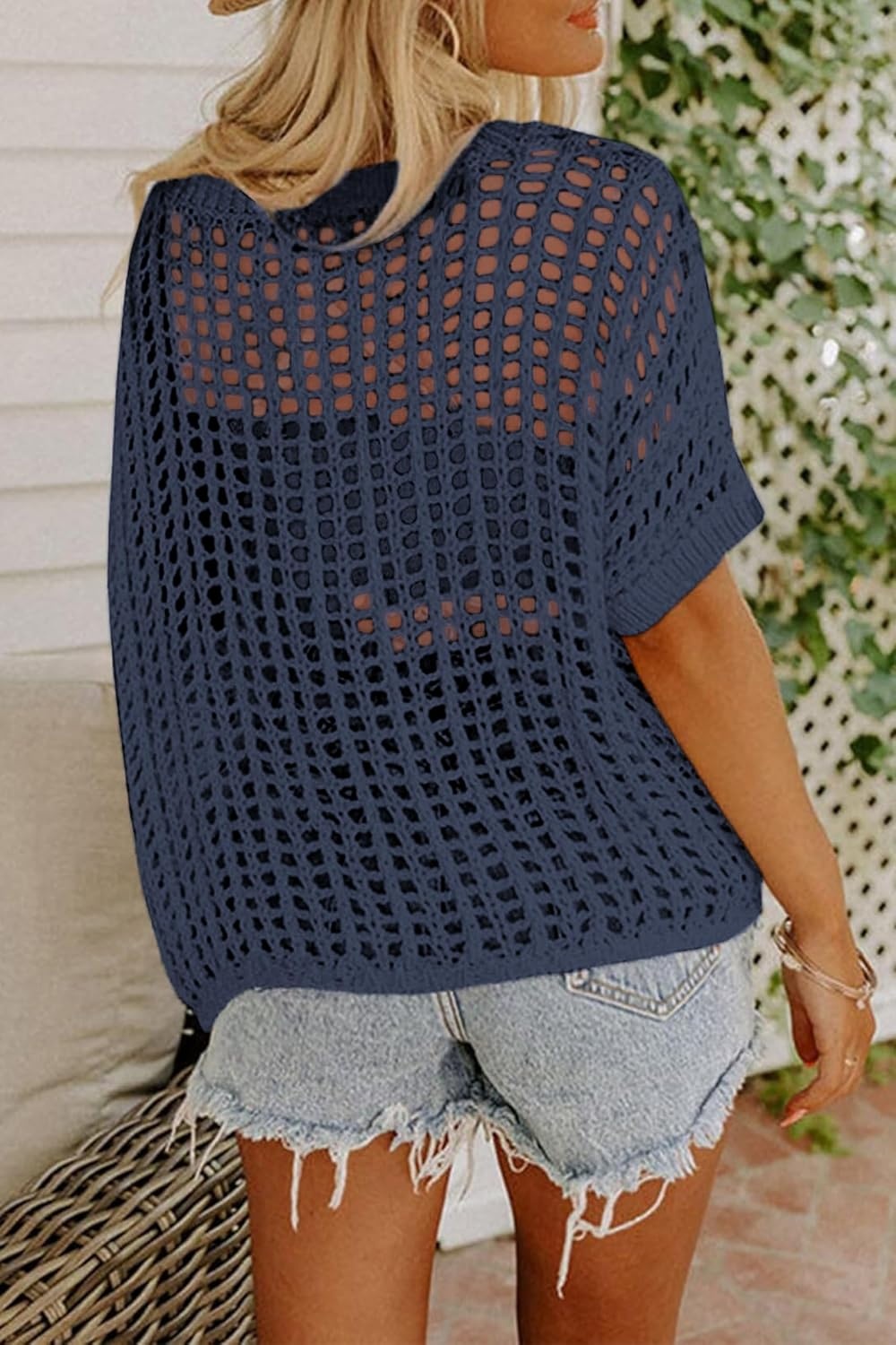 image:imageZeagoo Short Sleeve Crochet Sweater Lightweight Summer Tops Beach Cover UpsNavy Blue