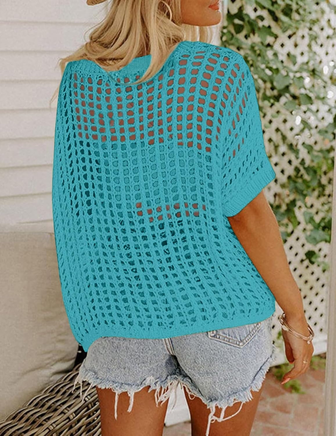 image:imageZeagoo Short Sleeve Crochet Sweater Lightweight Summer Tops Beach Cover UpsPeacock Blue
