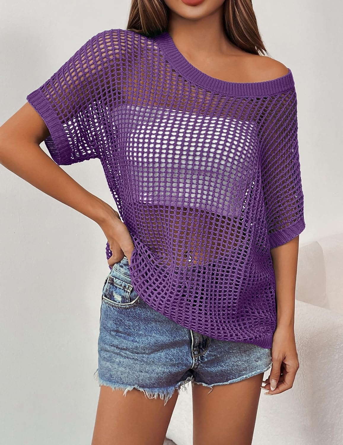 image:imageZeagoo Short Sleeve Crochet Sweater Lightweight Summer Tops Beach Cover UpsPurple