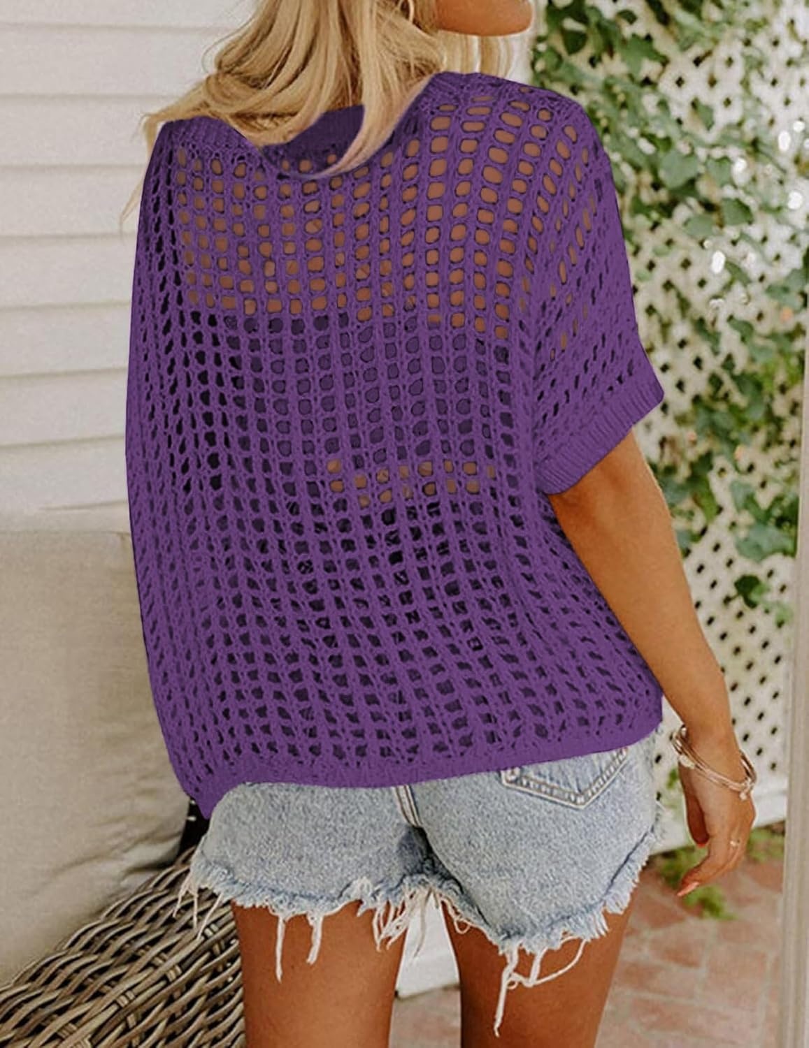 image:imageZeagoo Short Sleeve Crochet Sweater Lightweight Summer Tops Beach Cover UpsPurple