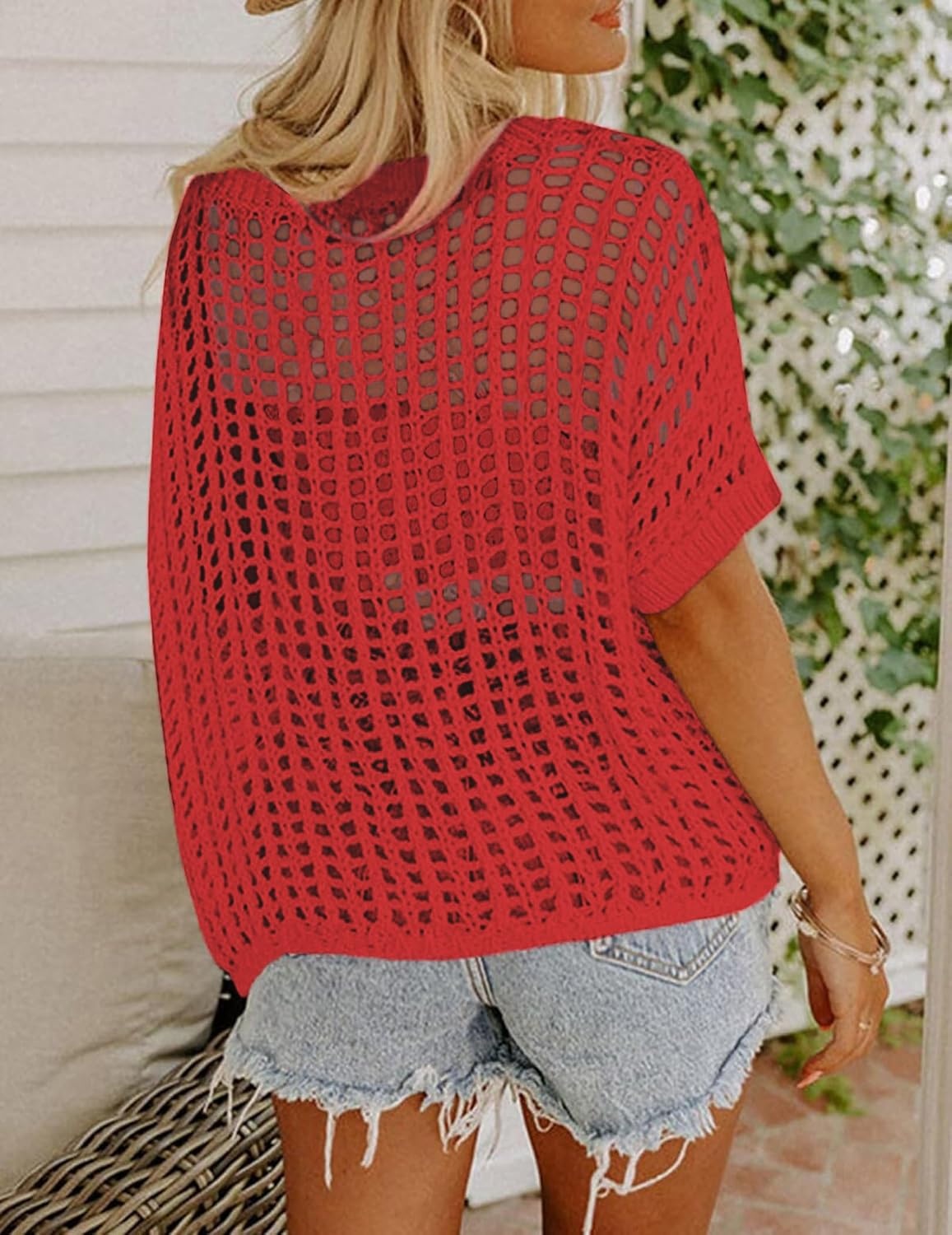 image:imageZeagoo Short Sleeve Crochet Sweater Lightweight Summer Tops Beach Cover UpsRed