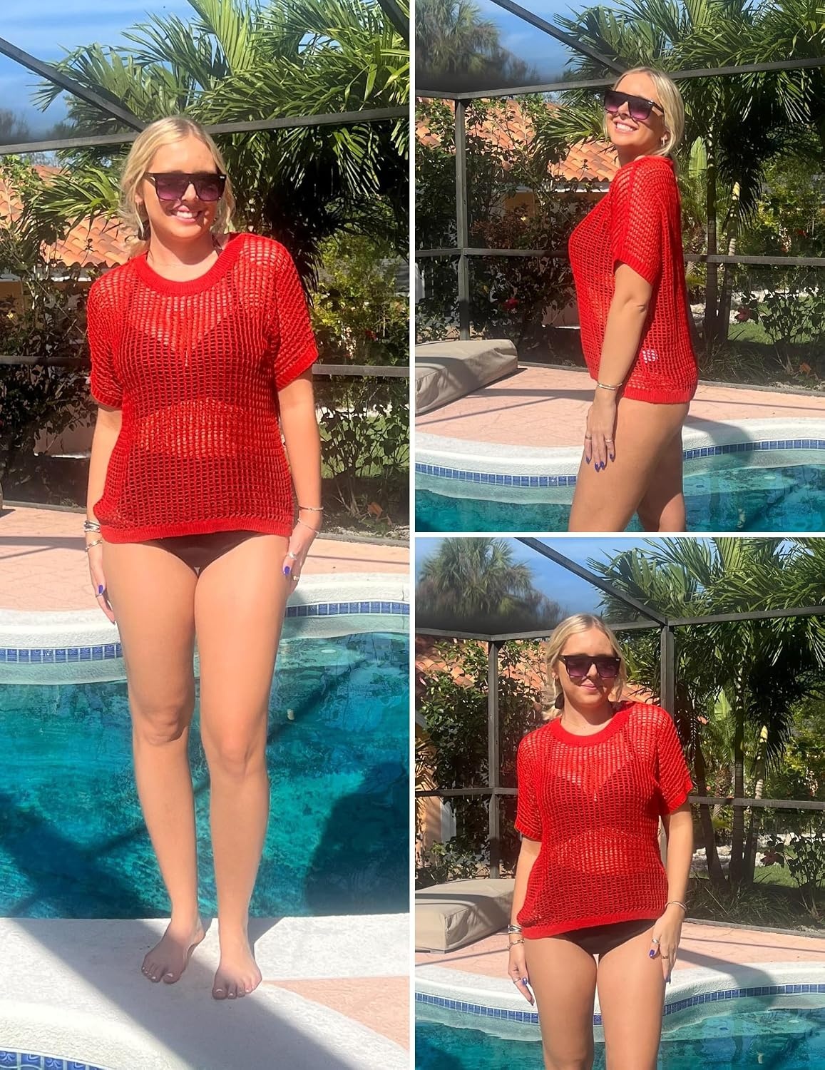 image:imageZeagoo Short Sleeve Crochet Sweater Lightweight Summer Tops Beach Cover UpsRed