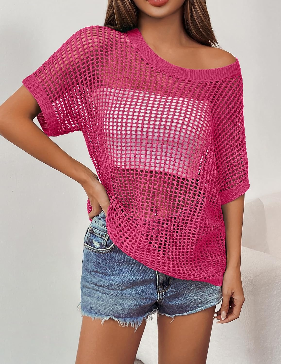 image:imageZeagoo Short Sleeve Crochet Sweater Lightweight Summer Tops Beach Cover UpsRose Red
