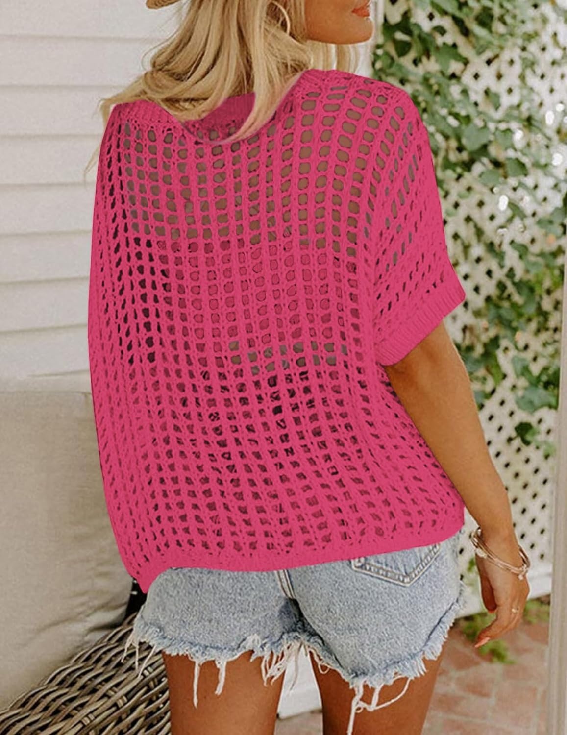image:imageZeagoo Short Sleeve Crochet Sweater Lightweight Summer Tops Beach Cover UpsRose Red