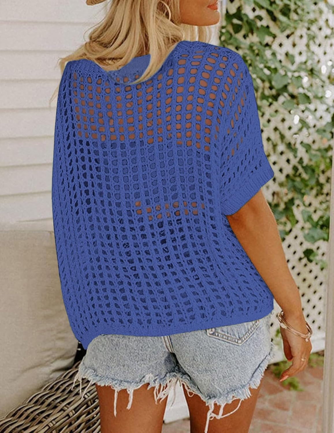 image:imageZeagoo Short Sleeve Crochet Sweater Lightweight Summer Tops Beach Cover UpsSky Blue