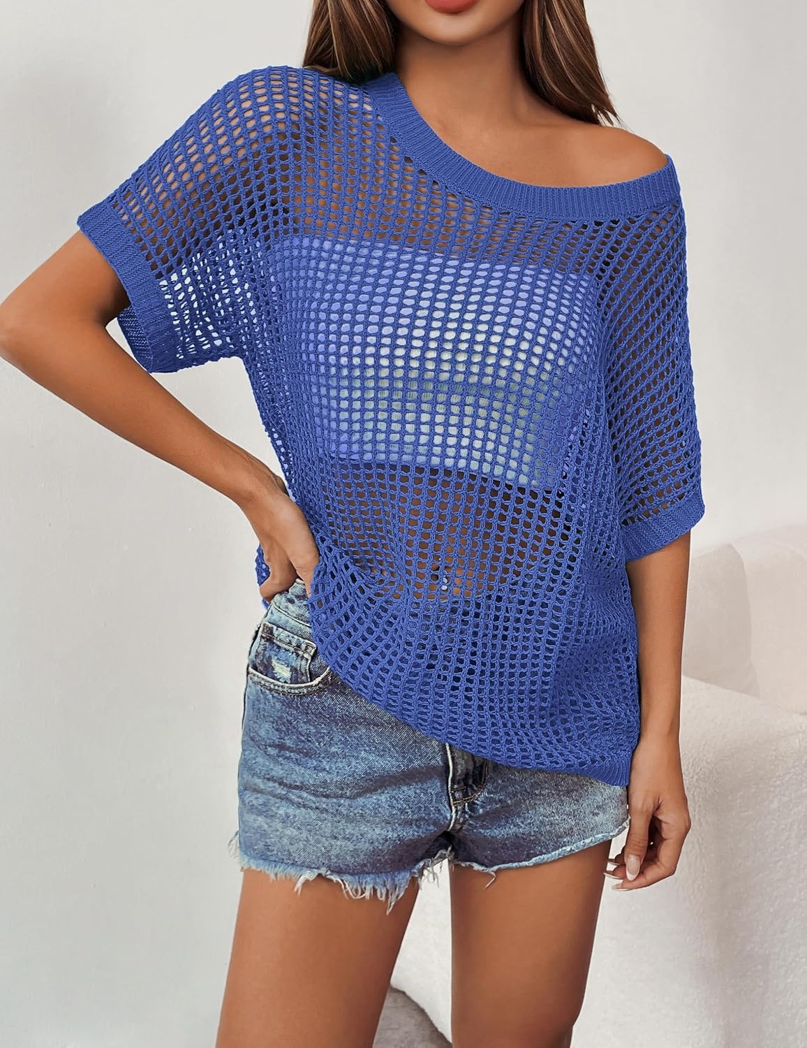 image:imageZeagoo Short Sleeve Crochet Sweater Lightweight Summer Tops Beach Cover UpsSky Blue