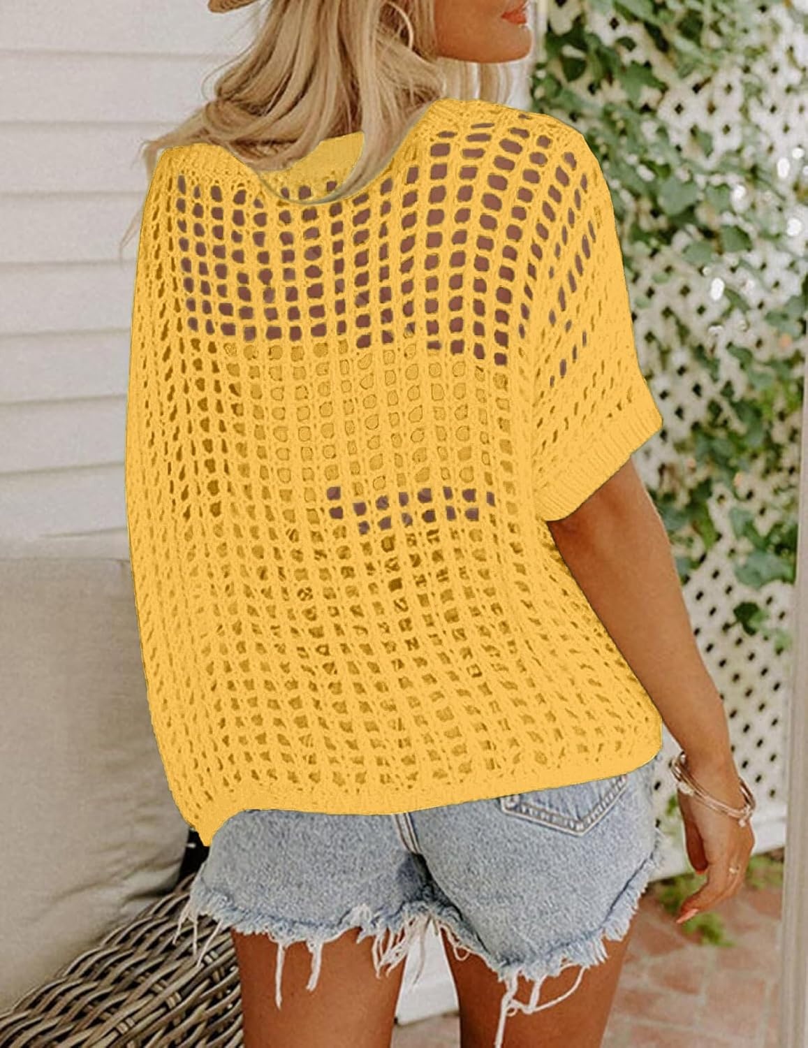 image:imageZeagoo Short Sleeve Crochet Sweater Lightweight Summer Tops Beach Cover UpsYellow