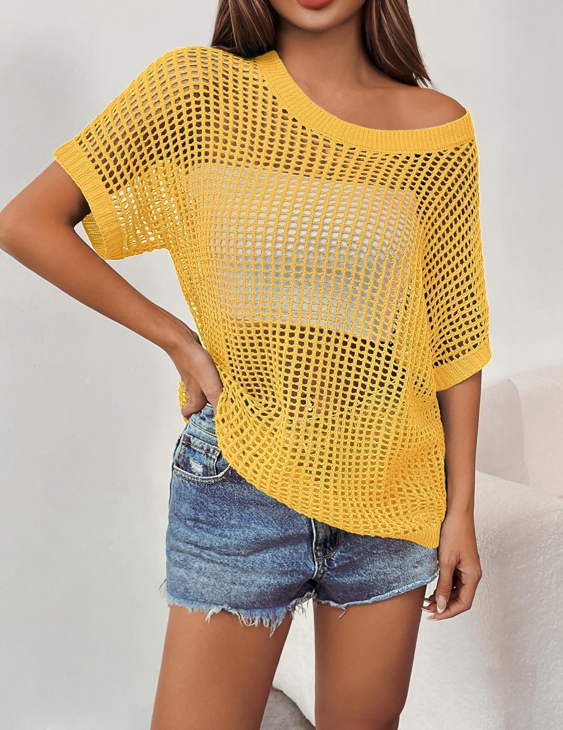 image:imageZeagoo Short Sleeve Crochet Sweater Lightweight Summer Tops Beach Cover UpsYellow
