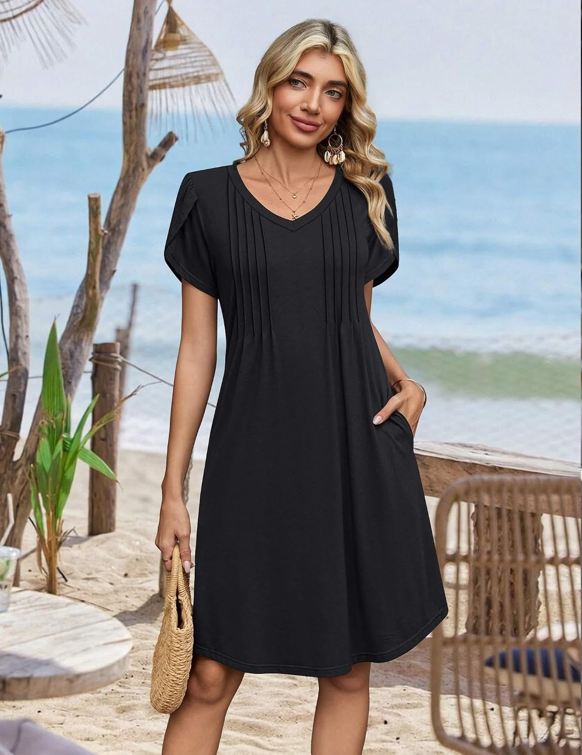 image:imageZeagoo Summer Dresses for Women Casual A Line Dress 2026 V Neck Short Dresses Floral Sundress Pleated Boho DressAblack