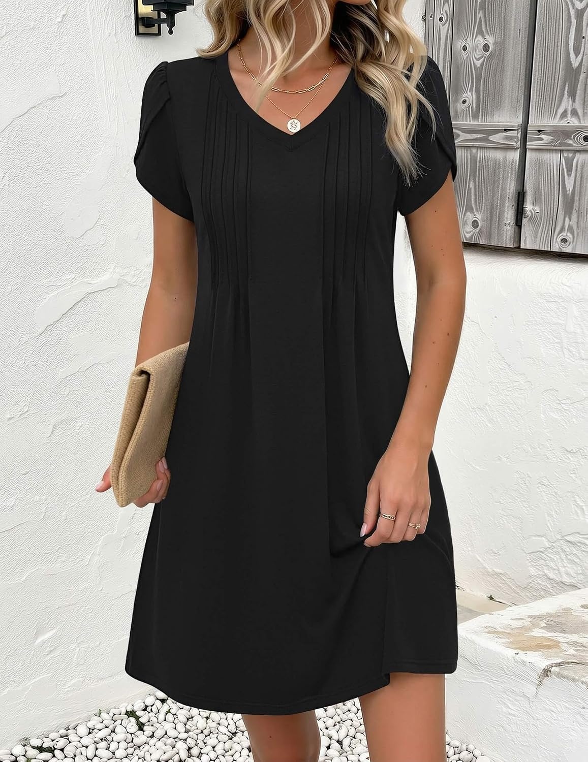 image:imageZeagoo Summer Dresses for Women Casual A Line Dress 2026 V Neck Short Dresses Floral Sundress Pleated Boho DressAblack