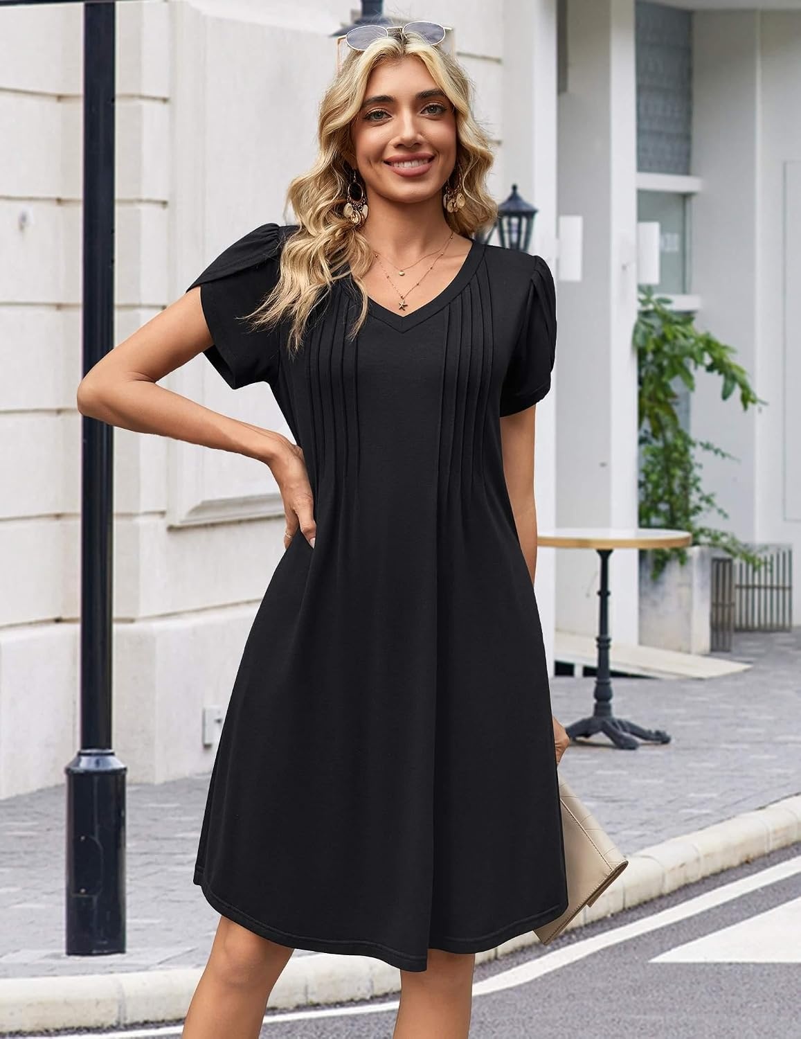 image:imageZeagoo Summer Dresses for Women Casual A Line Dress 2026 V Neck Short Dresses Floral Sundress Pleated Boho DressAblack