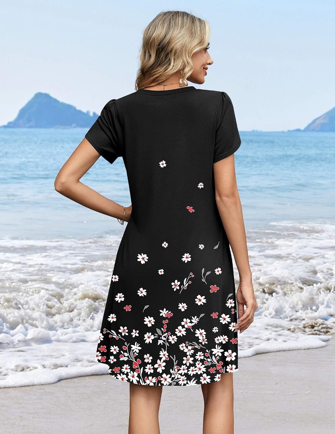 image:imageZeagoo Summer Dresses for Women Casual A Line Dress 2026 V Neck Short Dresses Floral Sundress Pleated Boho DressBlack Floral 02