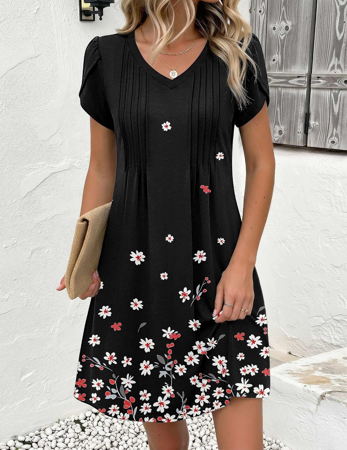 image:imageZeagoo Summer Dresses for Women Casual A Line Dress 2026 V Neck Short Dresses Floral Sundress Pleated Boho DressBlack Floral 02