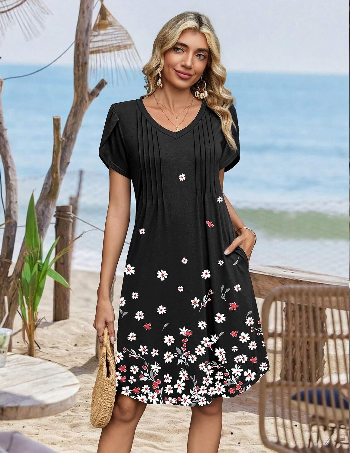 image:imageZeagoo Summer Dresses for Women Casual A Line Dress 2026 V Neck Short Dresses Floral Sundress Pleated Boho DressBlack Floral 02