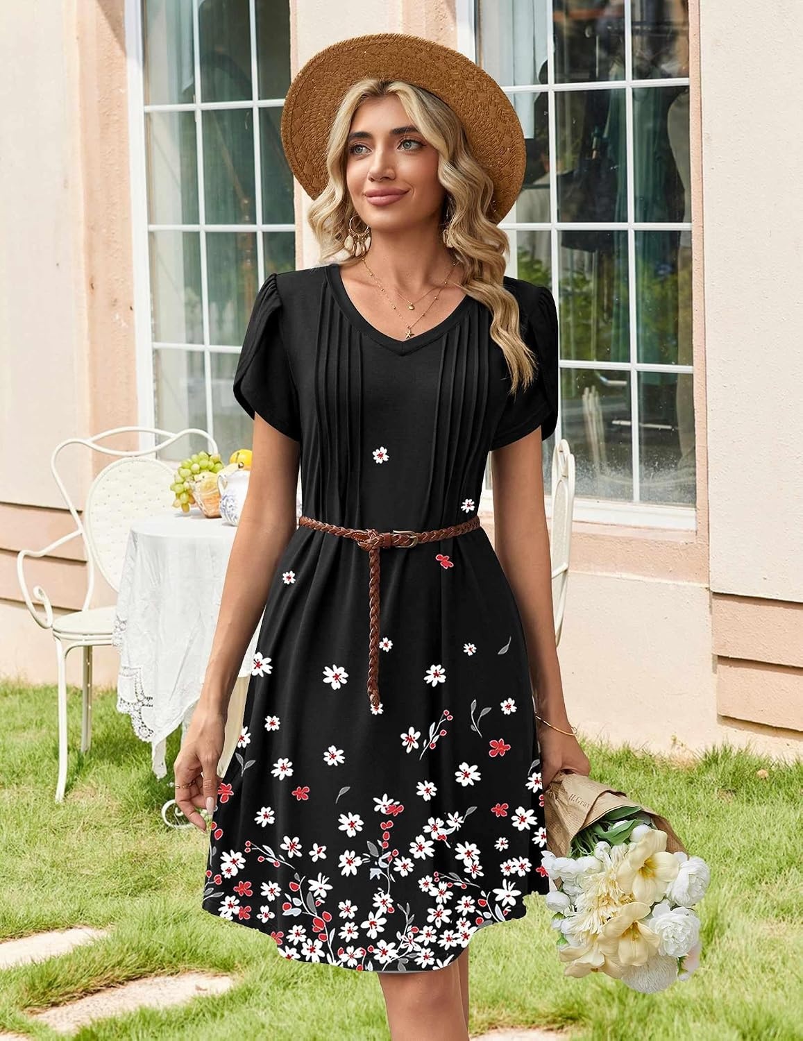 image:imageZeagoo Summer Dresses for Women Casual A Line Dress 2026 V Neck Short Dresses Floral Sundress Pleated Boho DressBlack Floral 02