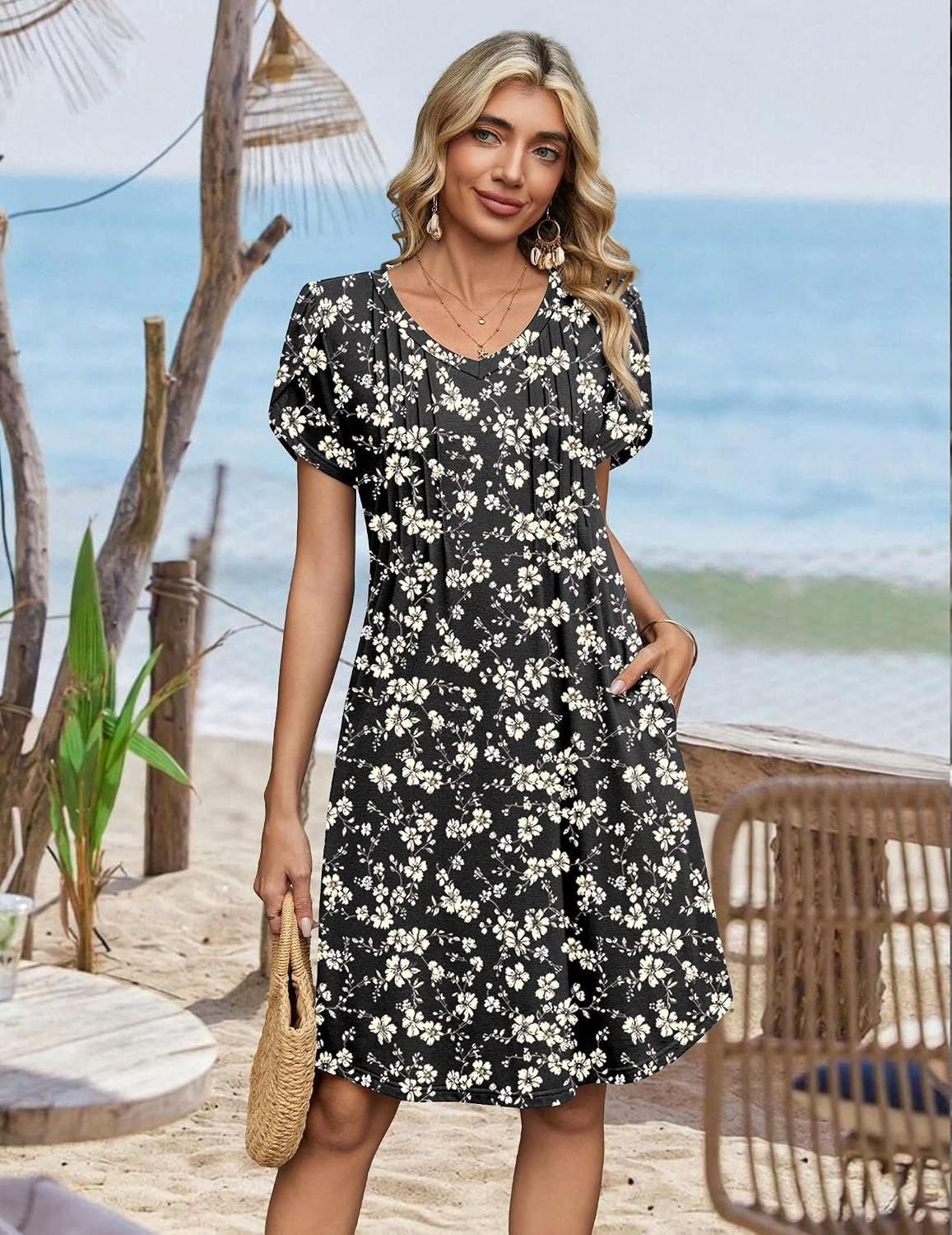 image:imageZeagoo Summer Dresses for Women Casual A Line Dress 2026 V Neck Short Dresses Floral Sundress Pleated Boho DressBlack Floral 03